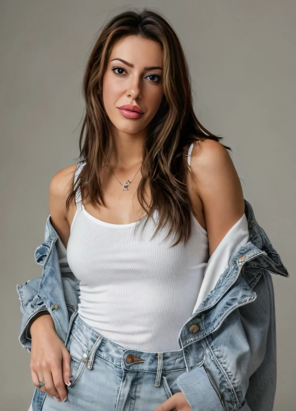 Myah en camisole blanche et veste de denim délavé