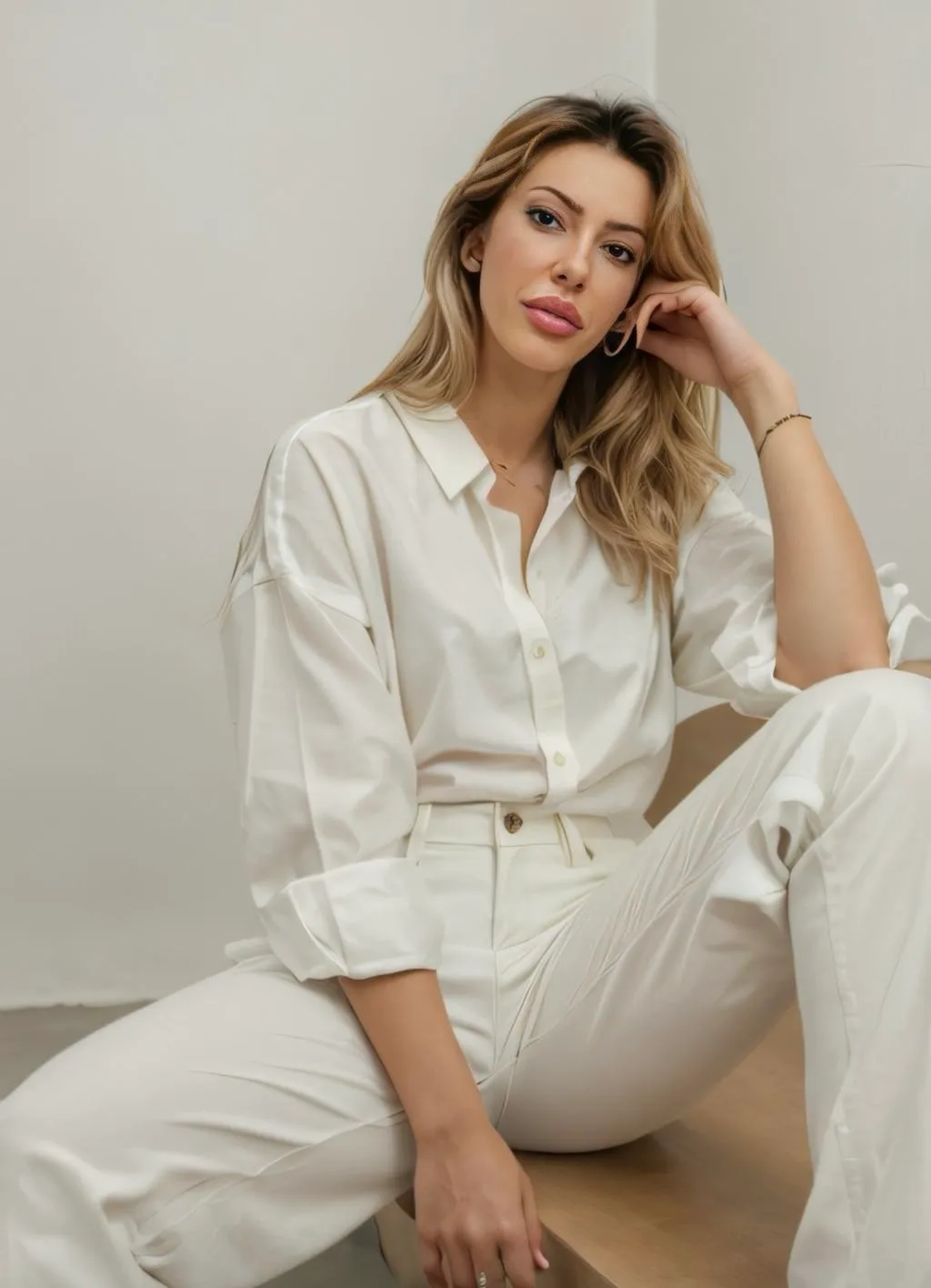 Myah assise en chemise blanche oversize et pantalon crème