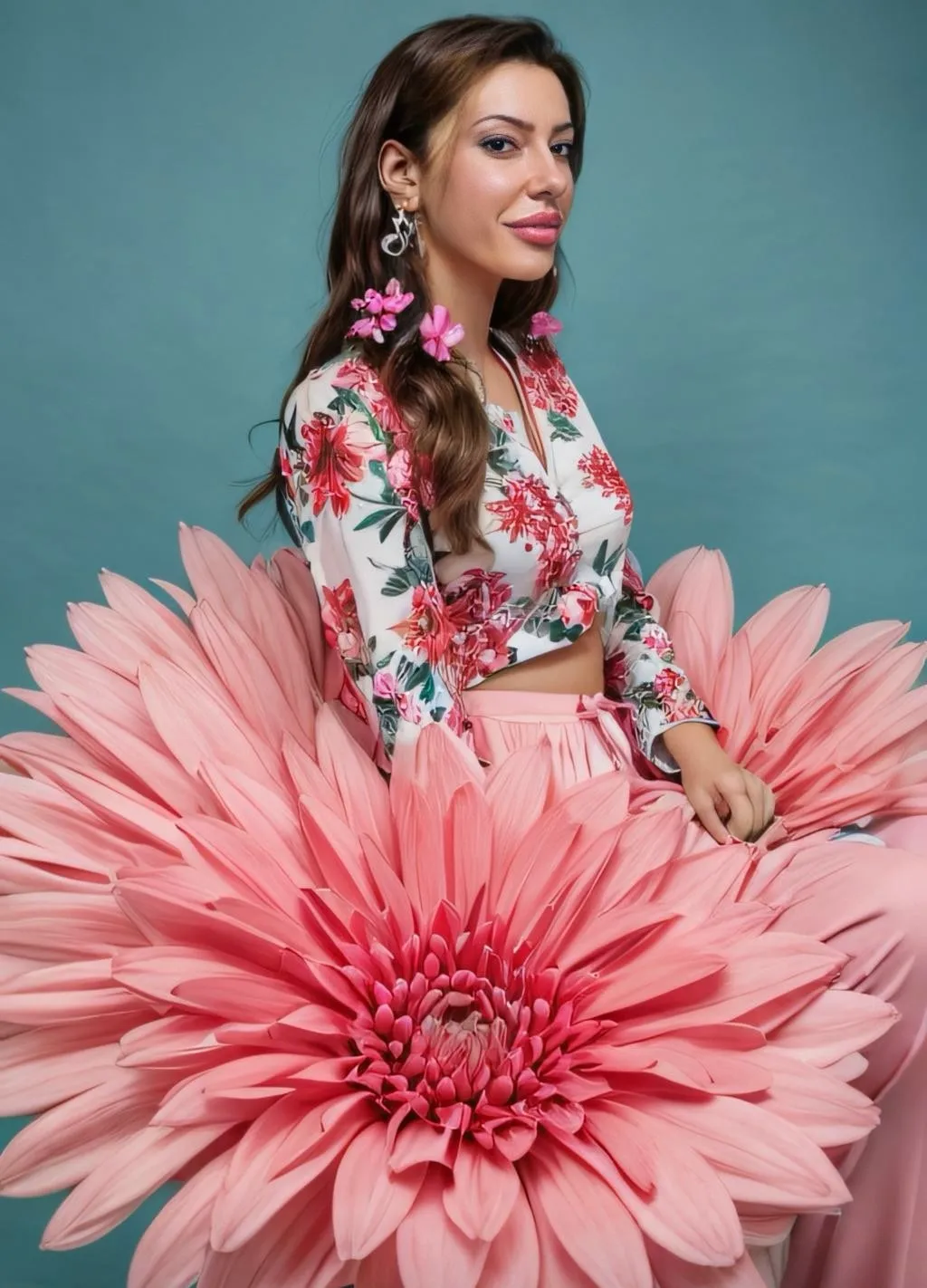 Myah en veste fleurie et jupe sculpturale en pétales roses, devant un fond sarcelle