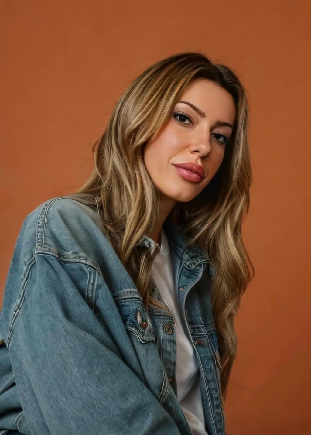 Portrait de Myah en veste de denim sur fond terracotta