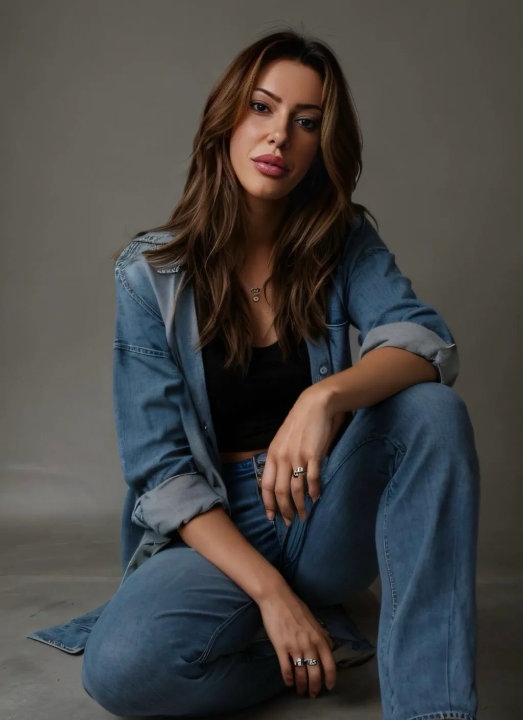 Myah assise au sol en denim sur denim et camisole noire