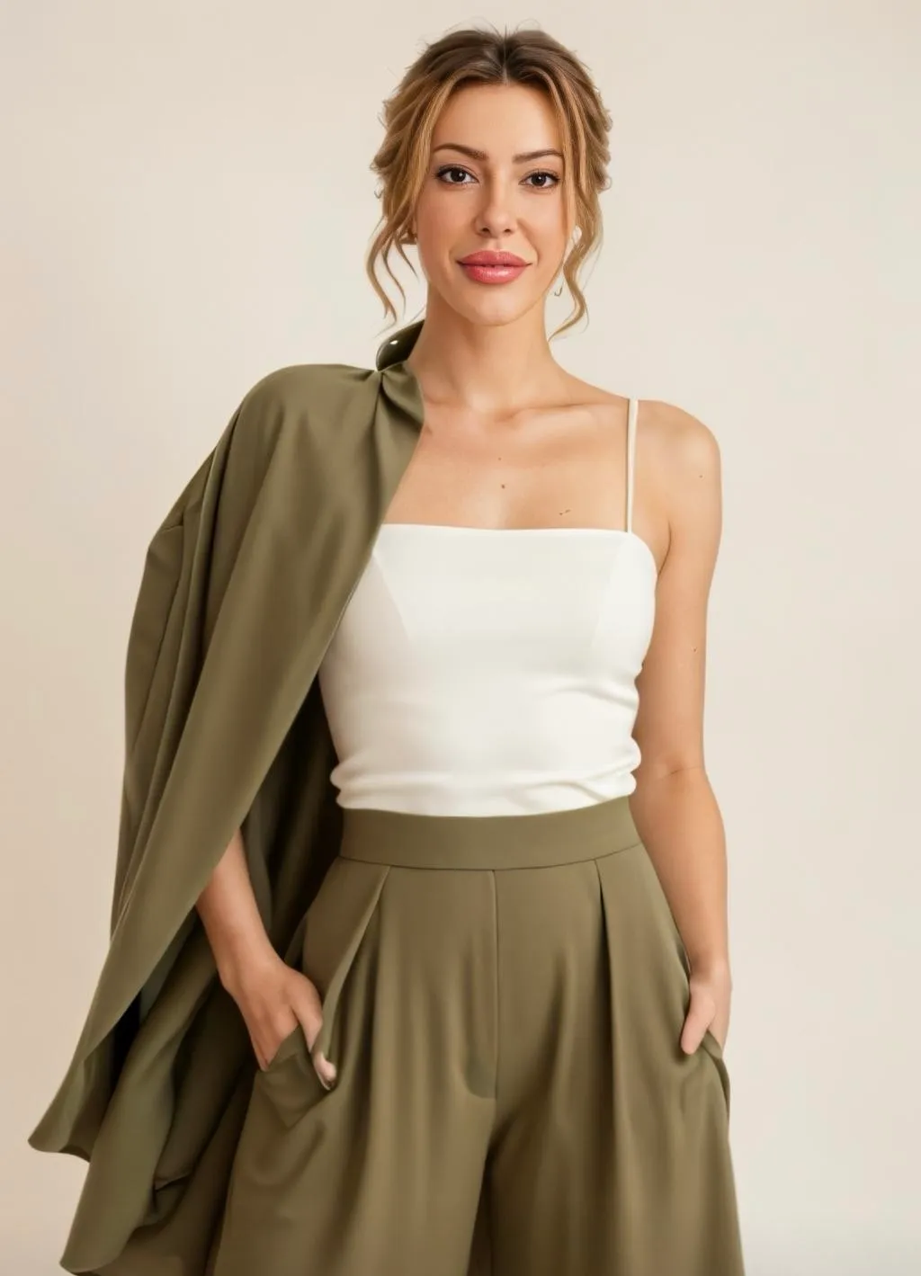 Myah en pantalon ample olive, veste assortie posée sur l’épaule