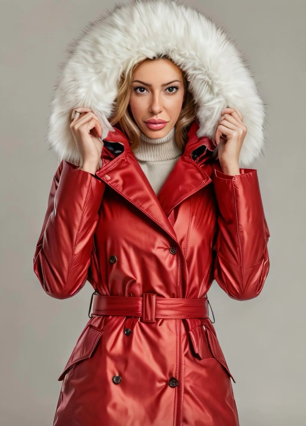 Myah en trench laqué rouge à capuche de fausse fourrure blanche