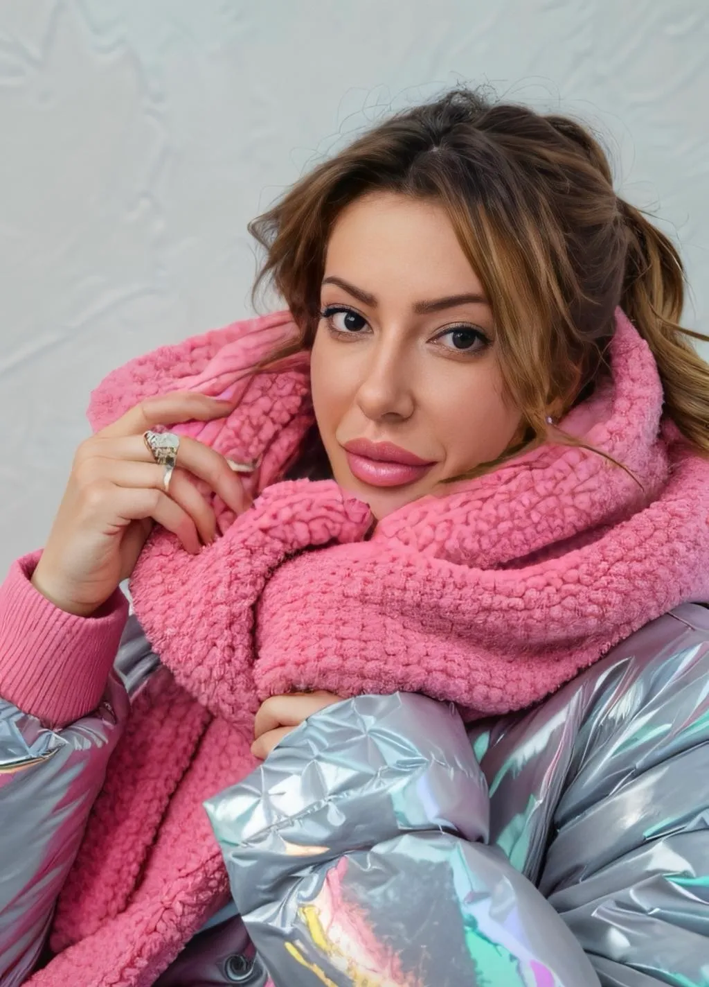 Portrait de Myah enveloppée d’une écharpe rose en grosse maille et doudoune argentée