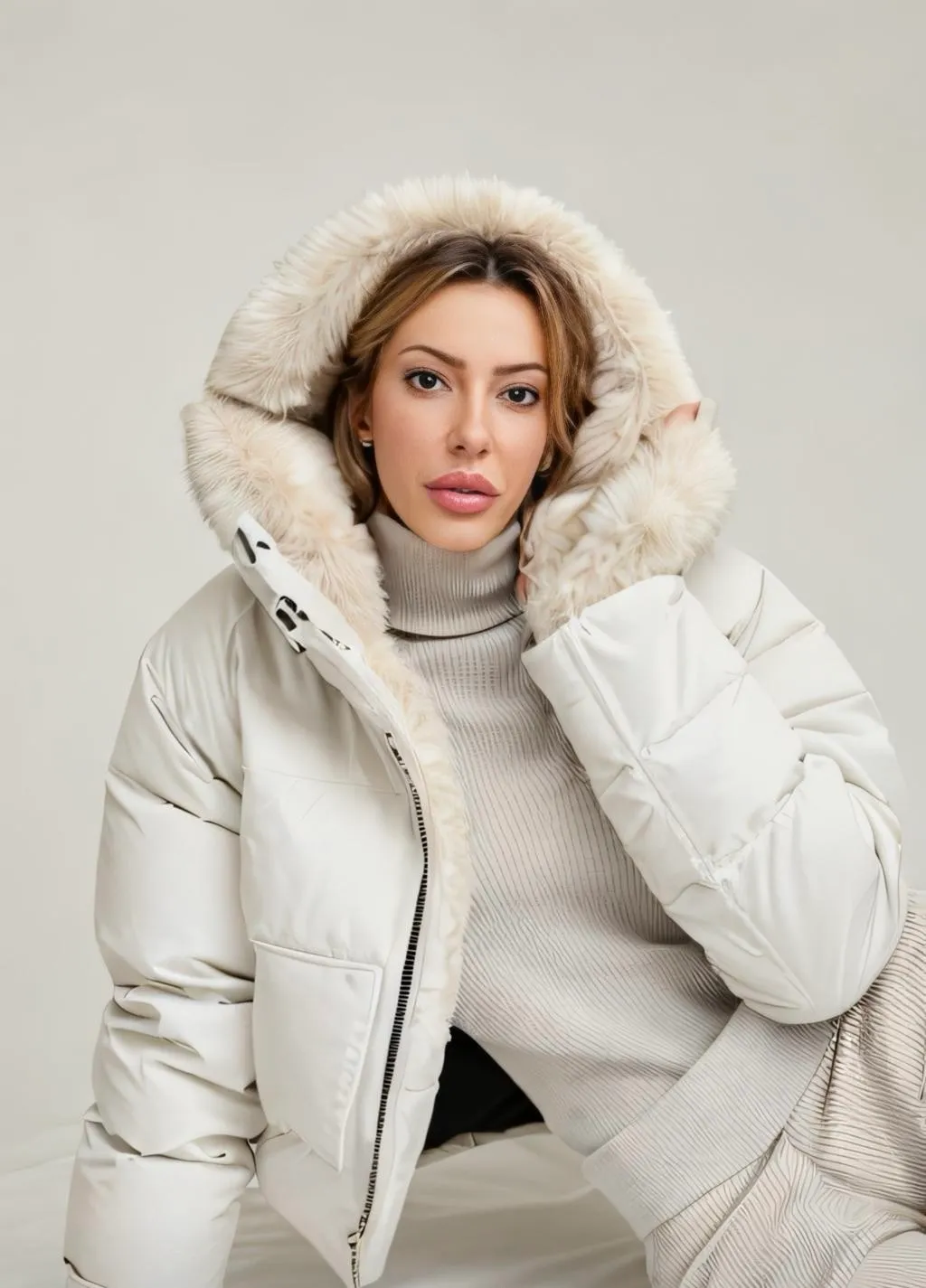 Myah en parka ivoire à capuche de fourrure, col roulé côtelé gris