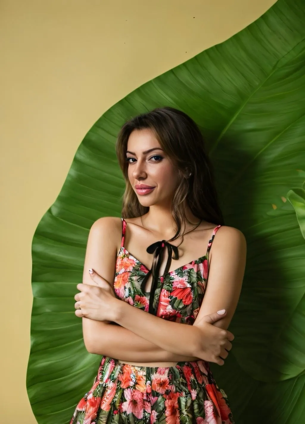 Myah en robe d’été fleurie à bretelles devant une feuille tropicale géante