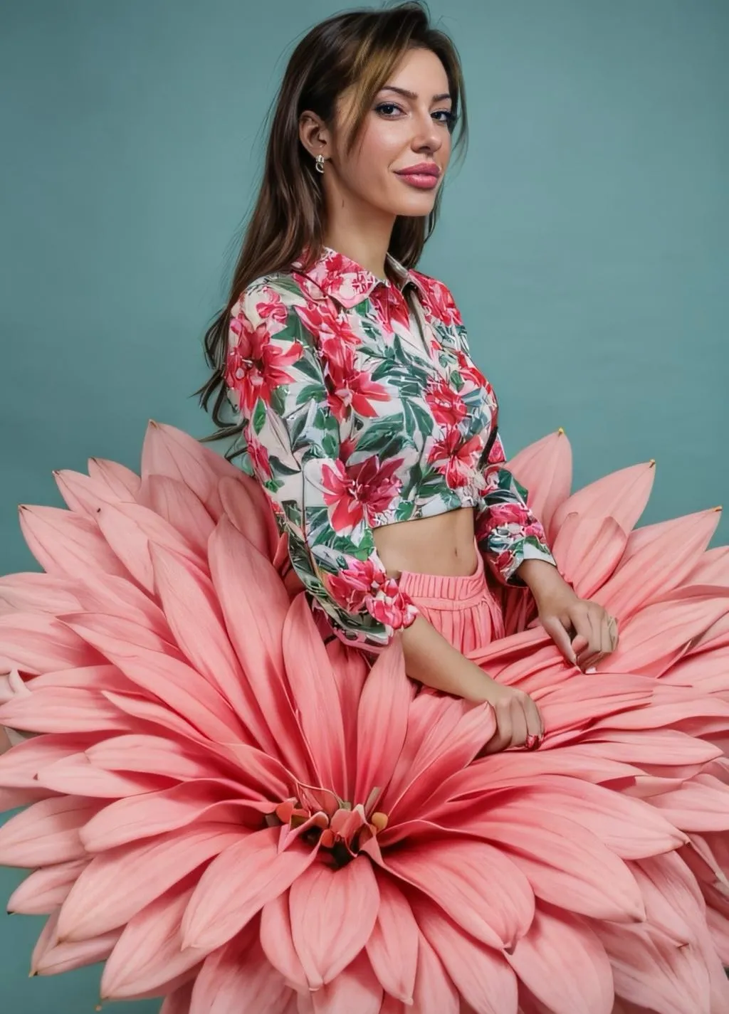 Myah debout dans une jupe formée d’une immense fleur rose, chemisier fleuri assorti
