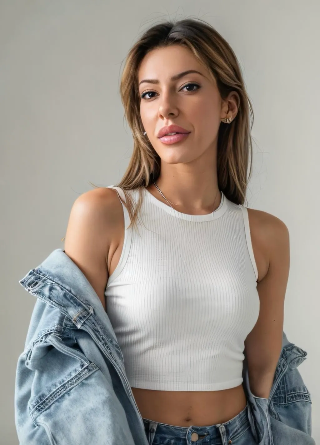 Myah en camisole côtelée blanche, veste de denim sur les épaules
